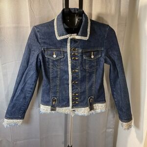 Cache Denim Jacket Rhinestone Buttons Lined Boucle Tweed Top Sz 10 MSRP $188‎